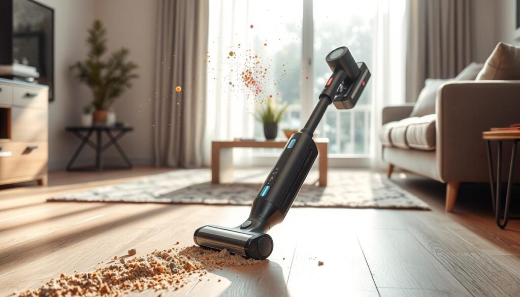 Cordless vacuum cleaner in action